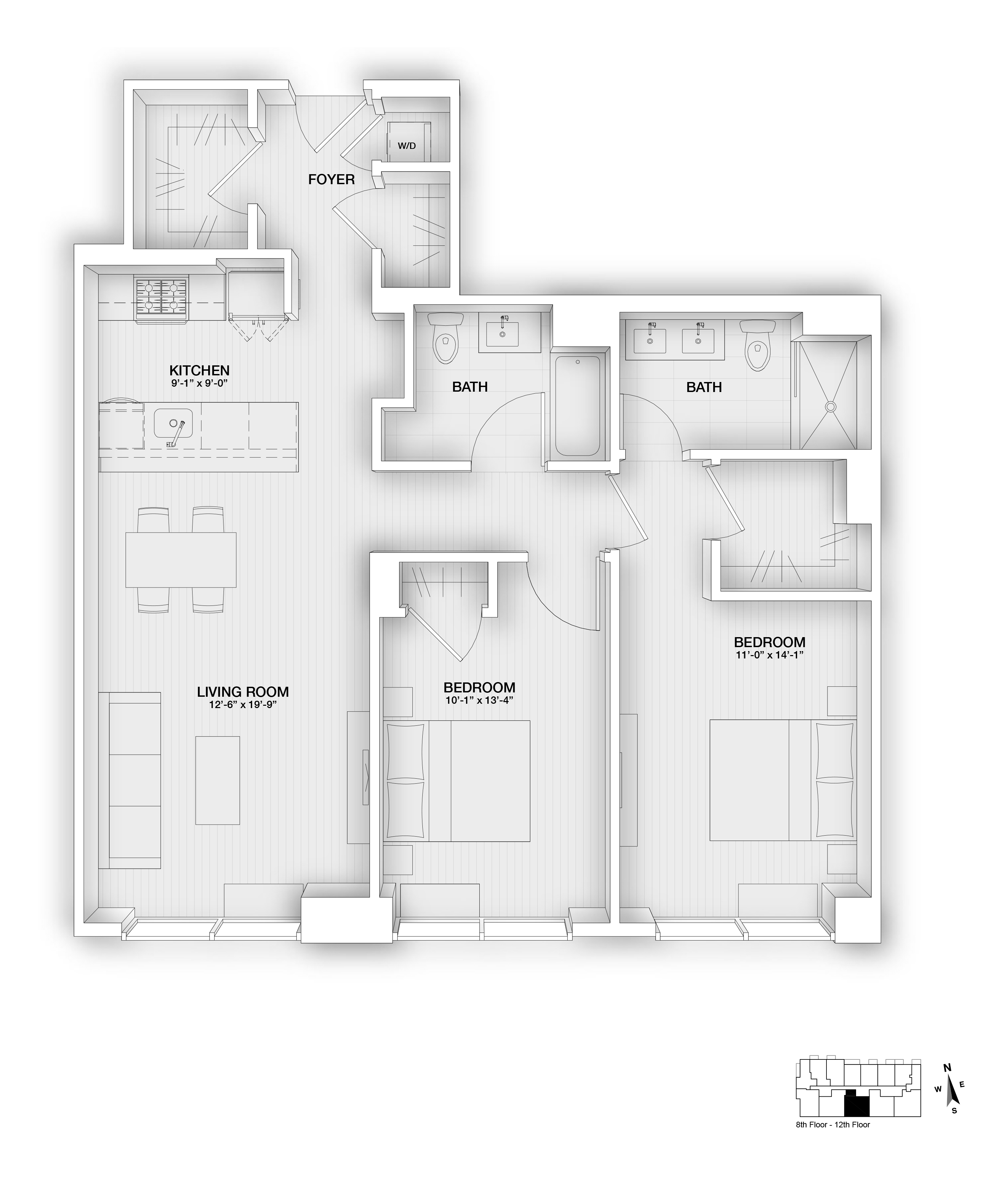 Floor plan for 2 beds, 2 baths, 1132 sqft